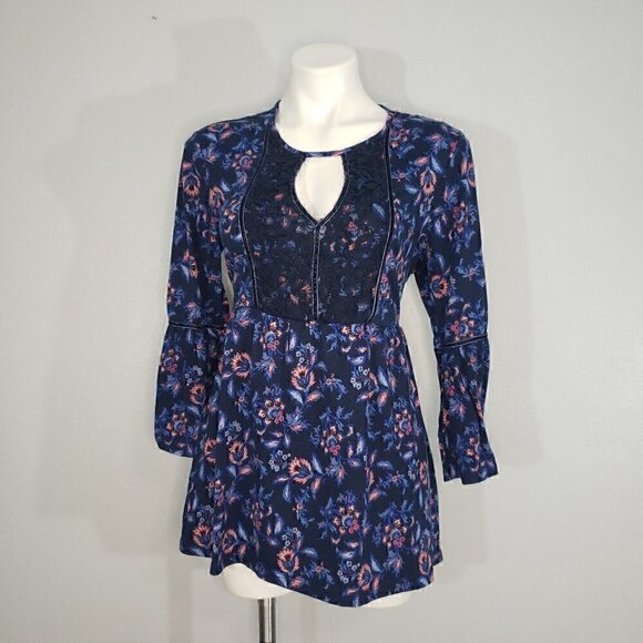 Absolutely Famous Blue Long Sleeve Floral Keyhole Peek A Boo Top Blouse - Picture 1 of 2